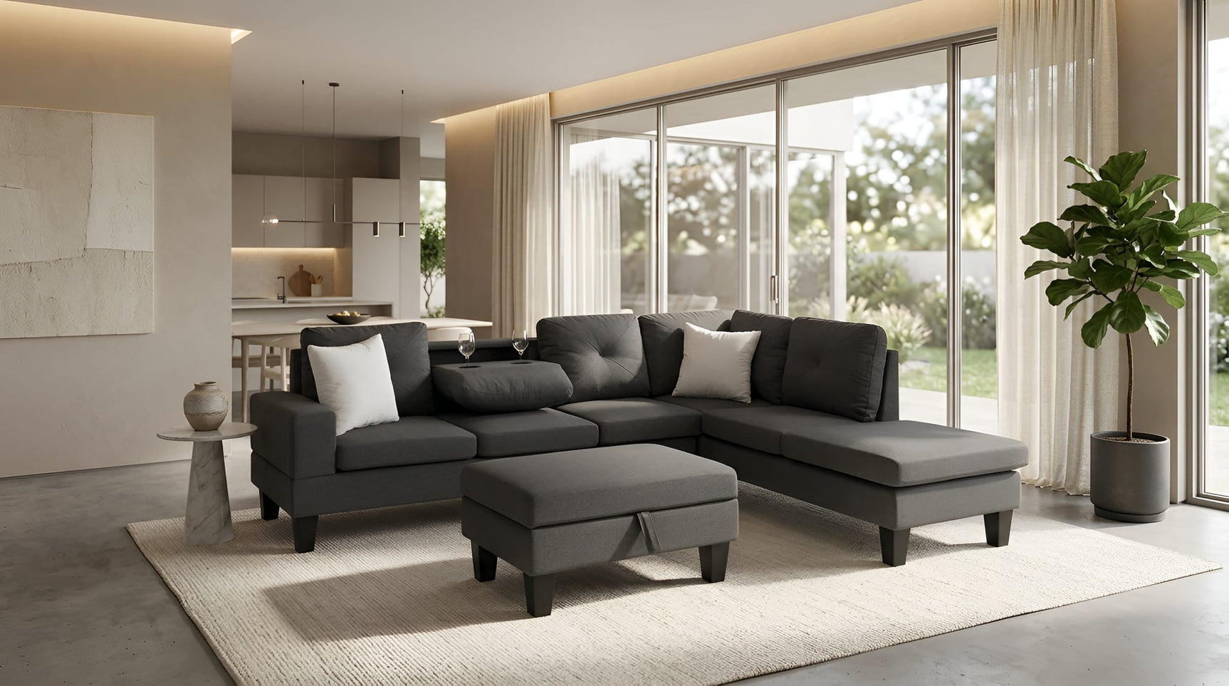 Star Dark Grey Fabric Sectional with Storage Ottoman and Drop-Down Table from Decor Furniture