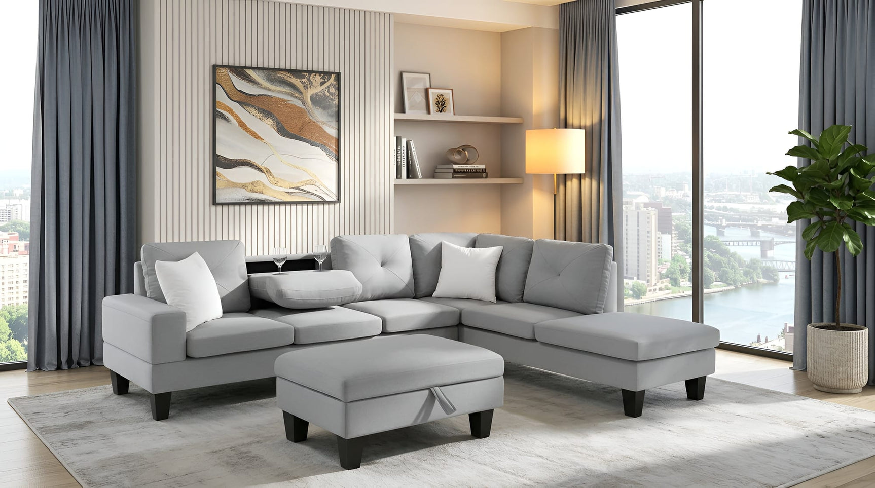 Star Light Grey Fabric Sectional with Storage Ottoman and Drop-Down Table from Decor Furniture