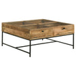 Stephie 4-drawer coffee table with clear glass top and honey brown mango wood finish front view