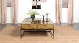 Shadowbox compartments visible under tempered glass top of Stephie coffee table