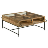 Close-up of drop-front compartment with chain support on Stephie coffee table