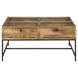 Side view of Stephie square coffee table showing wood grain and iron base