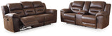 Angled view of Stoneland Chocolate power reclining loveseat with center console