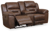 Close-up of channel-stitched back cushion on Stoneland Chocolate loveseat