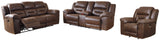 Power reclining loveseat in chocolate faux leather with center console and cup holders