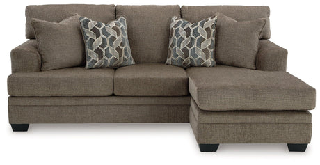 Close-up of nutmeg chenille upholstery on sofa chaise