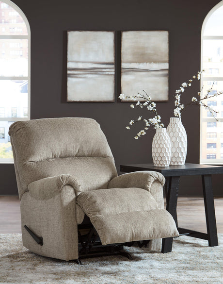 Stonemeade Taupe Chenille Recliner chair detailed side view