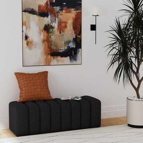 Tufted charcoal fabric bench angled side view