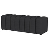 Side view showing plastic glide feet on charcoal bench