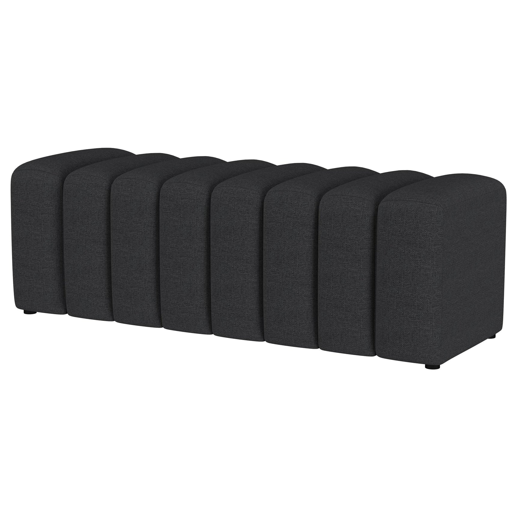Side view showing plastic glide feet on charcoal bench