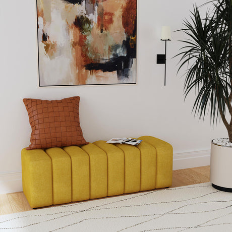 Side angle of Summer Tufted Upholstered Accent Bench mustard yellow