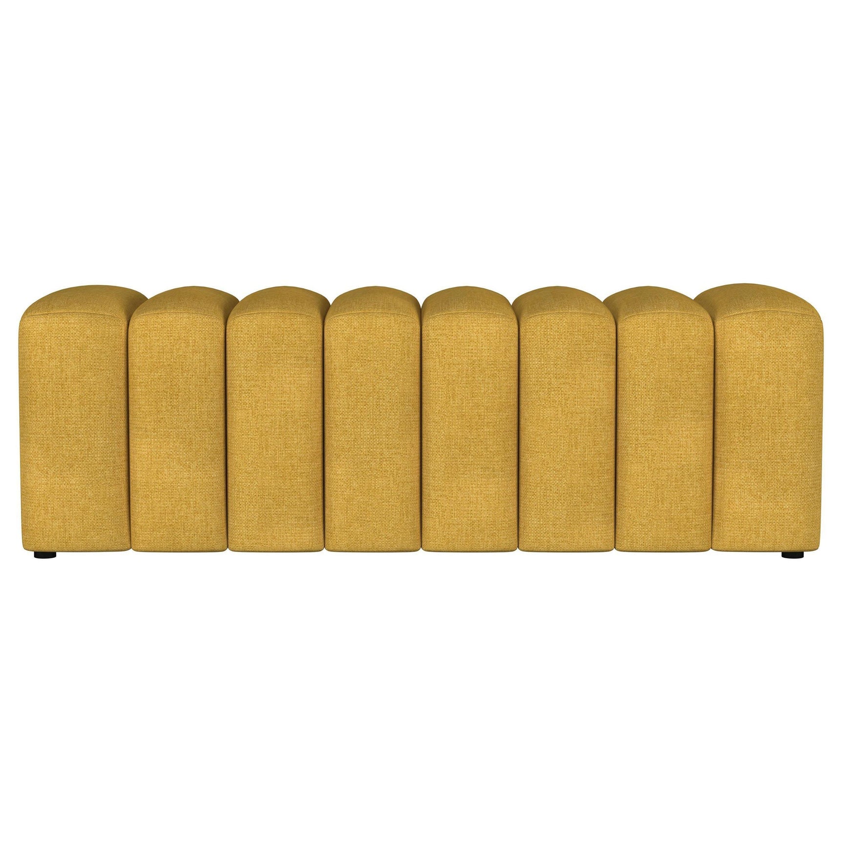 Close-up of tufted fabric seat on mustard yellow bench