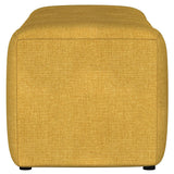 Mustard yellow upholstered bench in living room setting