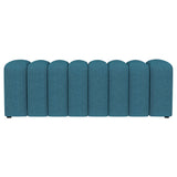 Side view of Summer peacock blue upholstered accent bench showing sleek silhouette