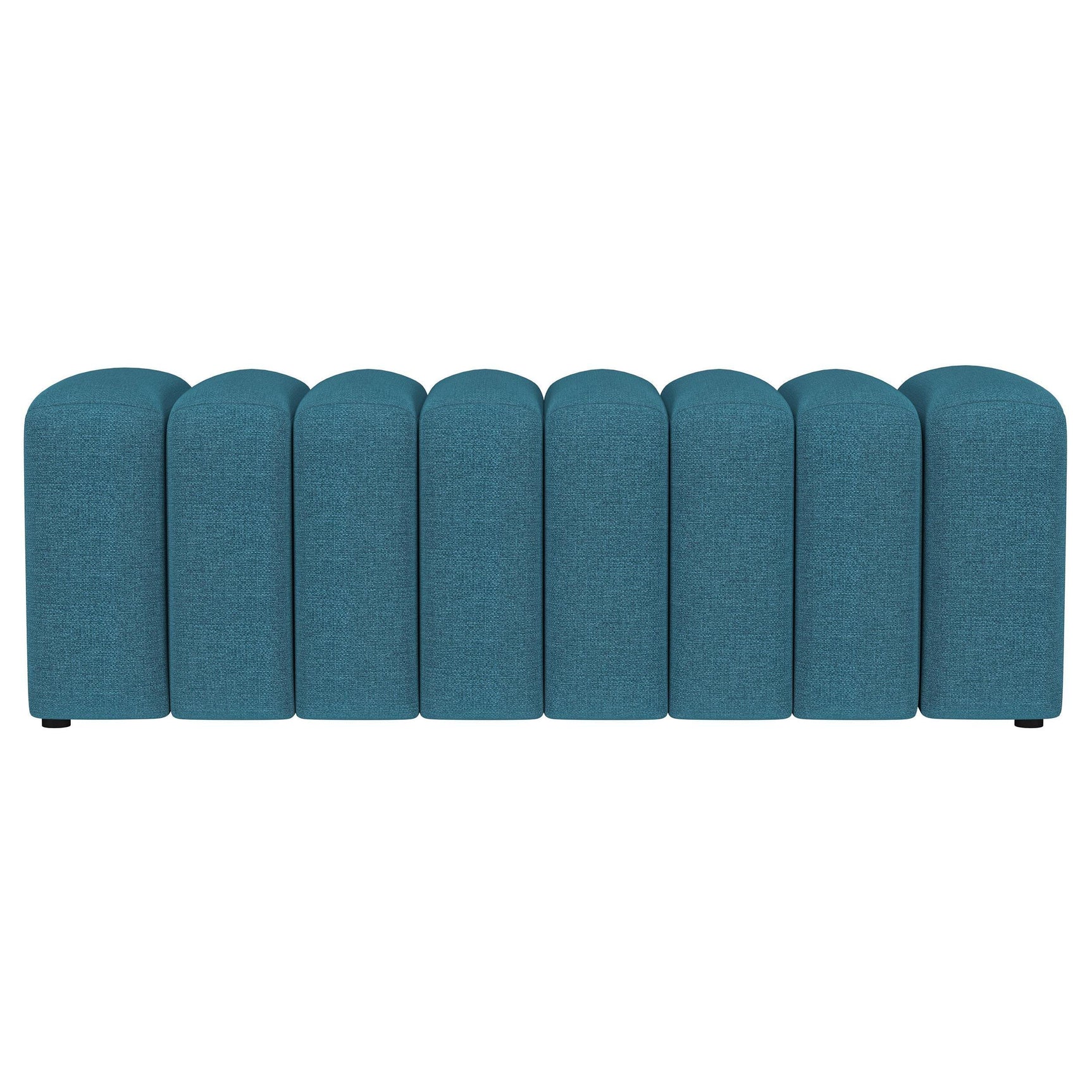 Side view of Summer peacock blue upholstered accent bench showing sleek silhouette