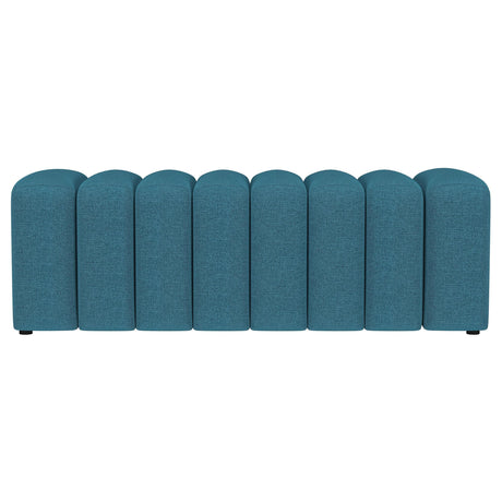 Side view of Summer peacock blue upholstered accent bench showing sleek silhouette