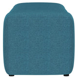 Detail of firm foam cushioning under peacock blue fabric on Summer bench