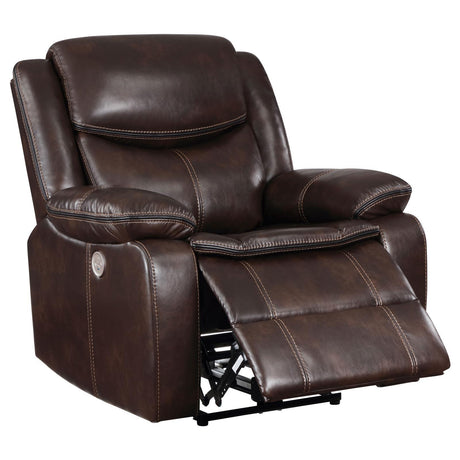 Sycamore power recliner chair front view in dark brown leatherette