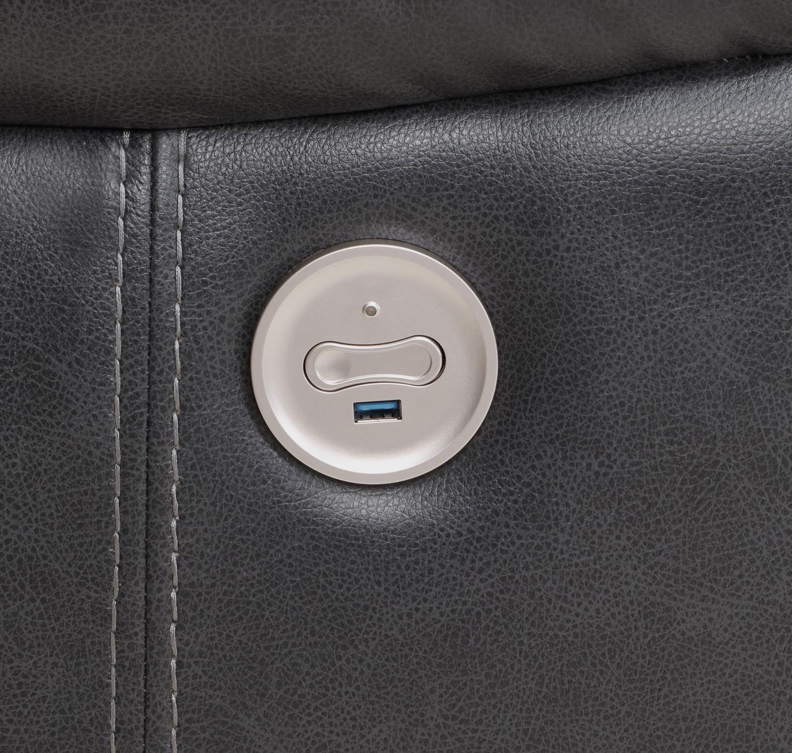 Chair seat and armrest detail in dark grey leatherette