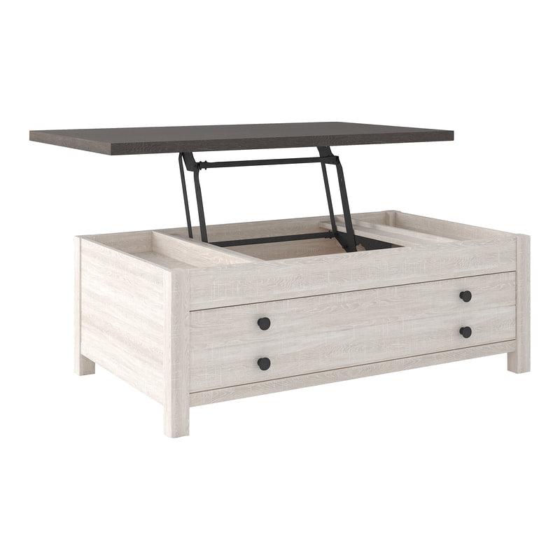 Dorrinson two-tone lift top rectangular coffee table side angle