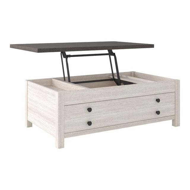 Dorrinson two-tone lift top rectangular coffee table side angle