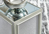 Detail of storage drawer and mirrored surfaces on Traleena nesting end tables