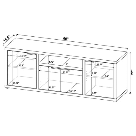 Multiple doors open on Tabby Entertainment Center showing storage