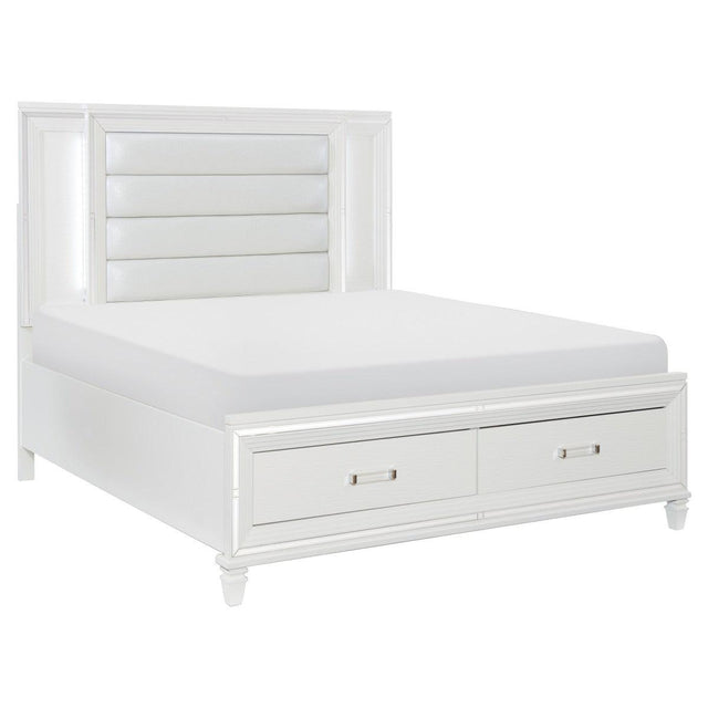 Tamsin white king platform bed side angle with storage footboard drawers