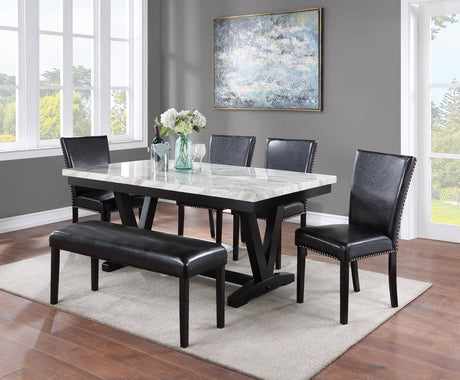 Tanner dining set main view with white faux marble table and black wood base