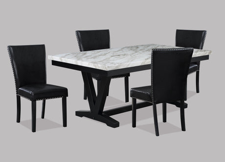Angled view of Tanner dining set highlighting chair upholstery and table finish