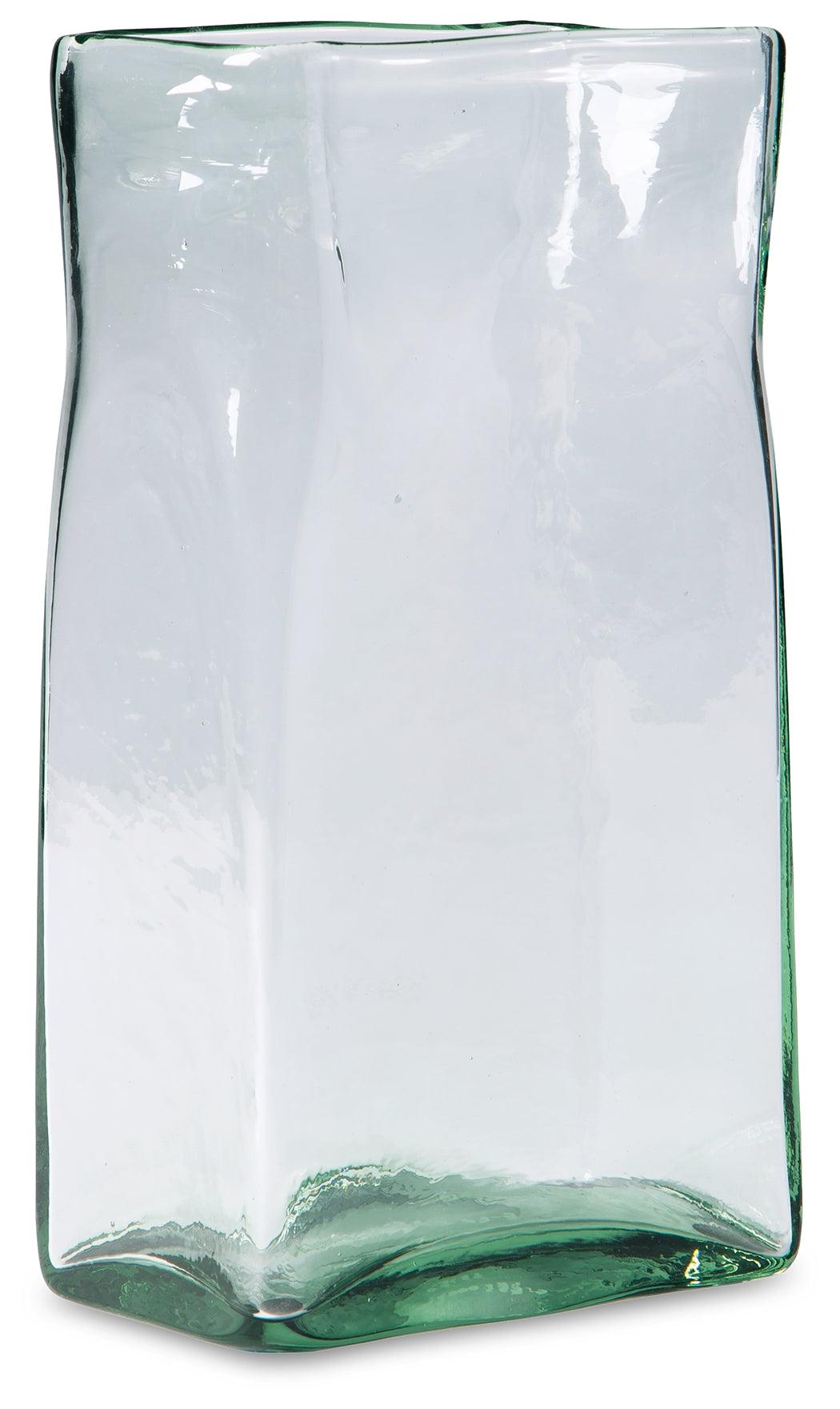 Medium green glass vase with curved modern design, side angle