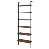 Side angle showing slim black metal frame and shelves