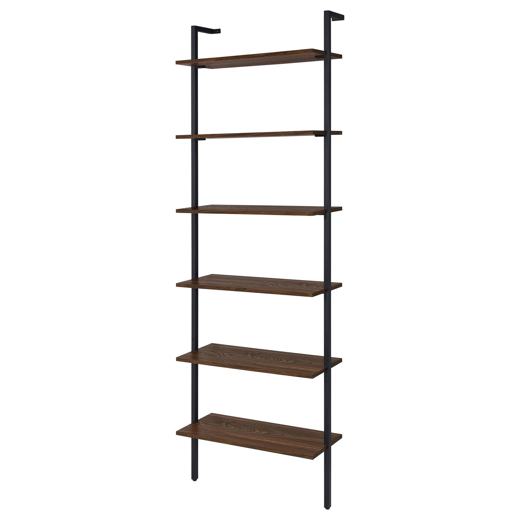 Side angle showing slim black metal frame and shelves