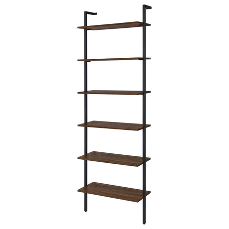 Side angle showing slim black metal frame and shelves