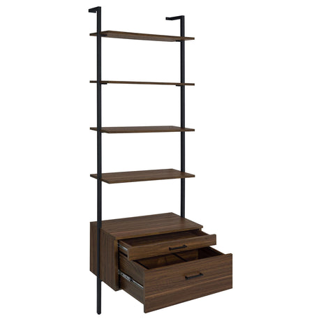 Side view of Gors brown and black bookcase showing floating shelves