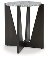 Tellrich accent table showing side view of wooden legs and terrazzo top