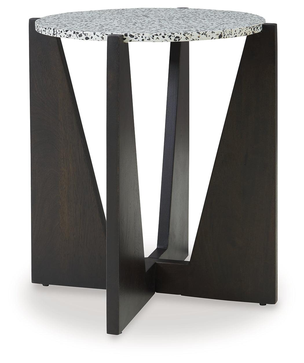 Tellrich accent table showing side view of wooden legs and terrazzo top