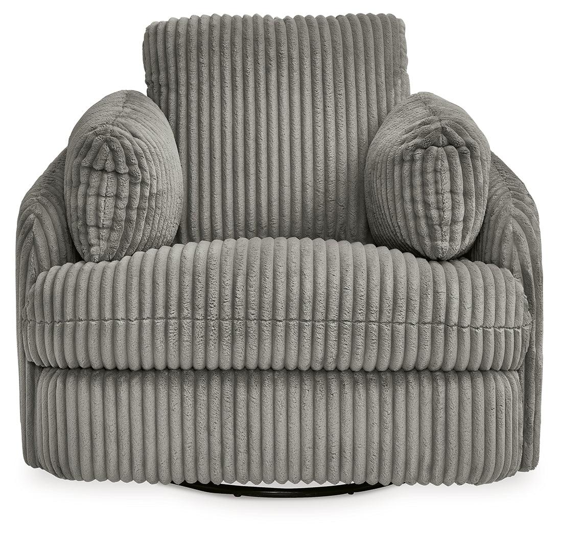 Tie-breaker Fog Velvet Swivel Glider Recliner front close-up