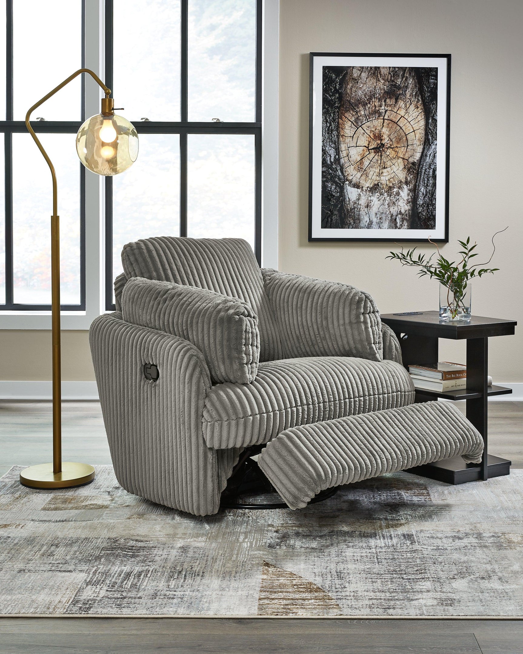 Tie-breaker Fog Velvet Swivel Glider Recliner reclined position side
