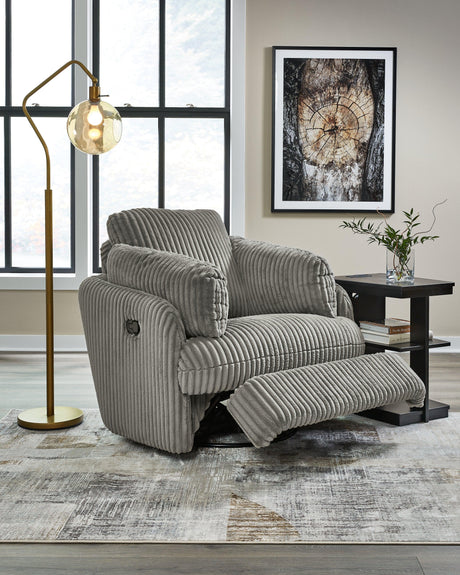 Tie-breaker Fog Velvet Swivel Glider Recliner reclined position side