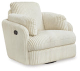 Side view of ivory velvet swivel glider recliner