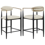 Tina metal counter height bar stool with beige upholstered back and seat front view