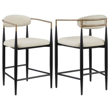Tina metal counter height bar stool with beige upholstered back and seat front view
