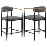 Tina metal counter height bar stool with dark grey upholstered seat and back, front angle