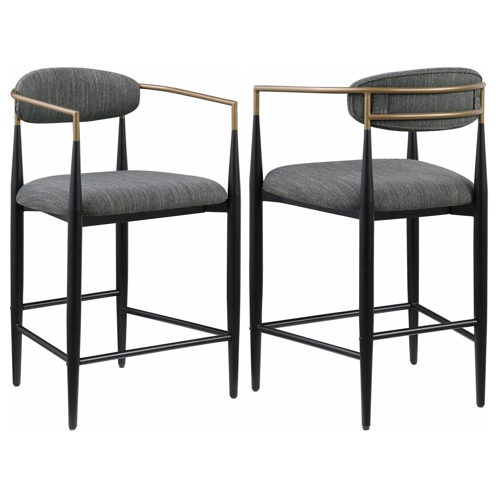 Tina metal counter height bar stool with dark grey upholstered seat and back, front angle