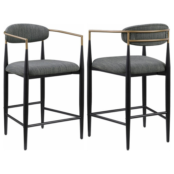 Tina metal counter height bar stool with dark grey upholstered seat and back, front angle