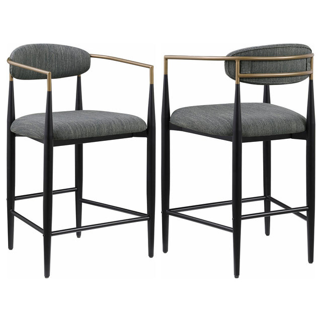Tina metal counter height bar stool with dark grey upholstered seat and back, front angle
