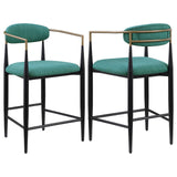 Tina green upholstered metal counter height bar stool angled side view