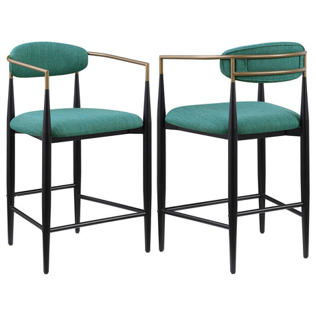 Tina green upholstered metal counter height bar stool angled side view