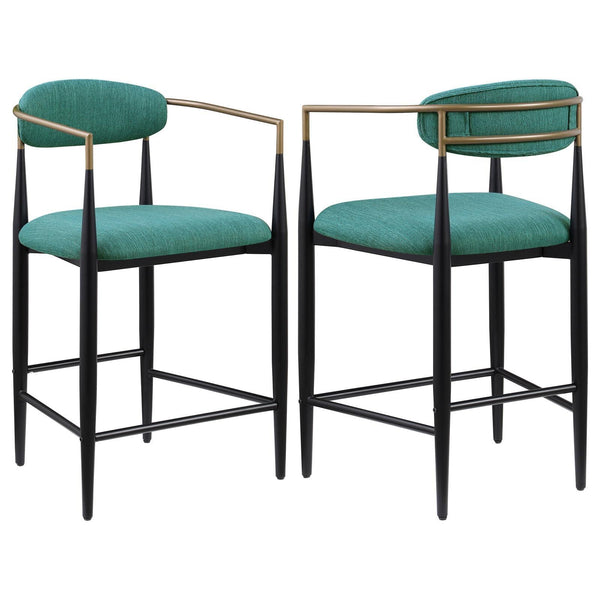 Tina green upholstered metal counter height bar stool angled side view